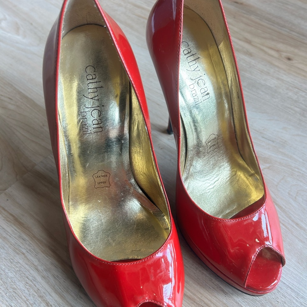 Cathy Jean Red Patent Leather Peep-Toe Heels